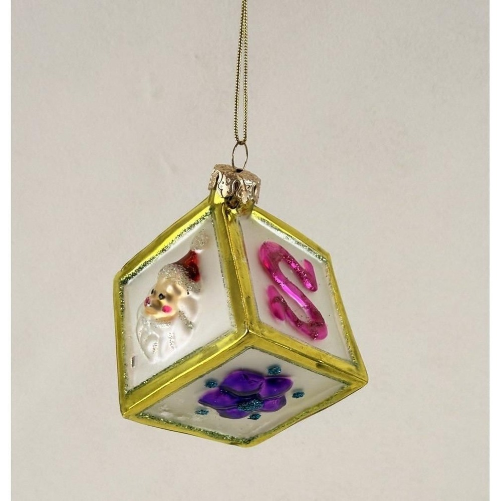 Vintage Hand Blown Glass Cube Christmas Ornament Raised Applied Decoration